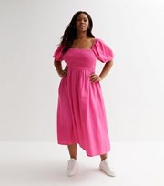 New Look Curves Bright Pink Shirred Square Neck Midi Dress
